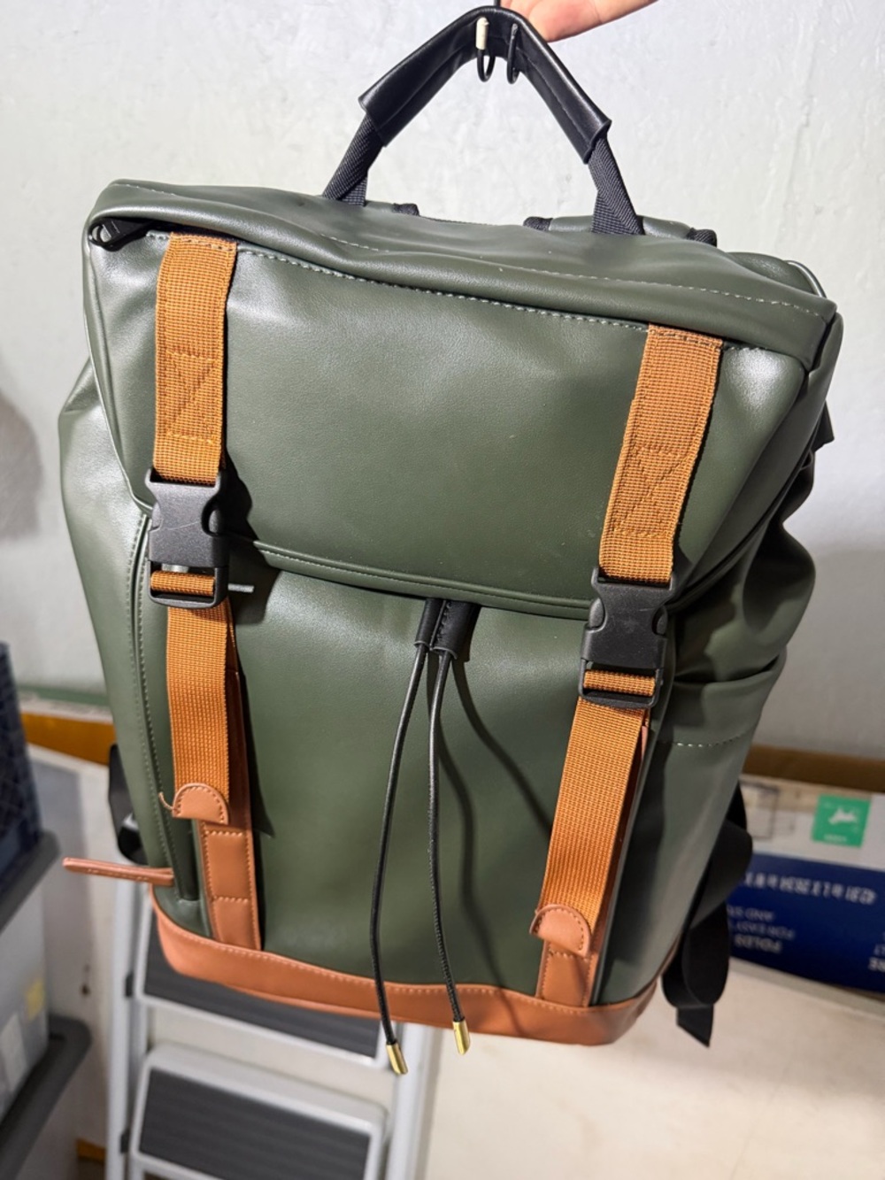 Green pleather camera backpack